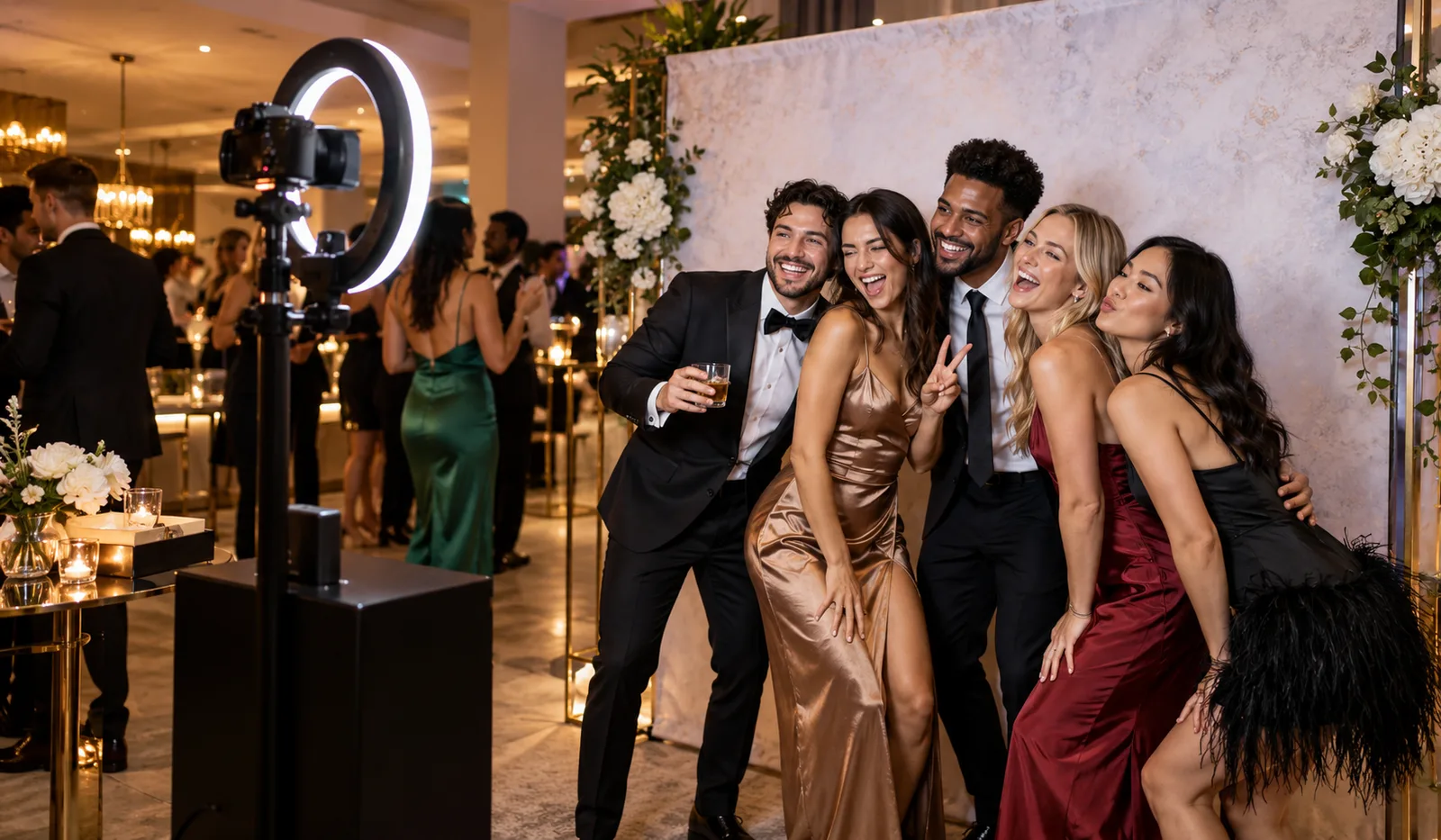 Guests posing at an open photo booth while the party continues around them